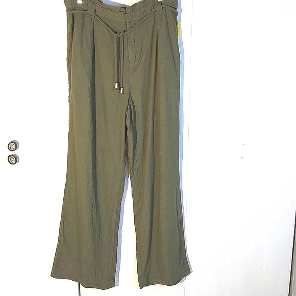 Badgley Mischka | Green Linen Wide Leg Pants Adjst Waist Boho Lagenlook  Sz.L
